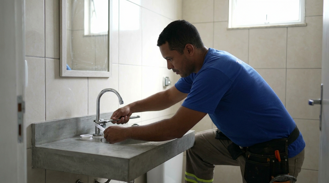 Encanador instalando torneira em Cuiabá‑MT