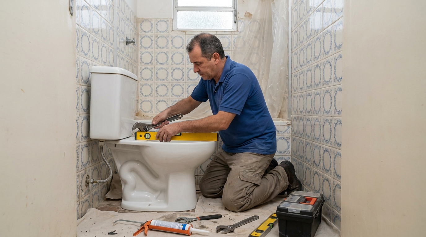 Técnico instalando vaso sanitário em Cuiabá‑MT